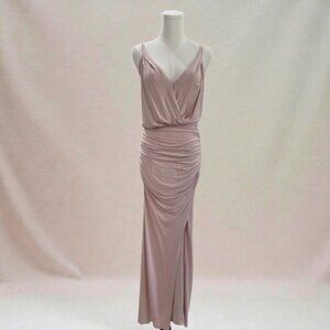Krisa XS Blush Pink Maxi Dress Slit Ruched Elegant Resort Coquette Wedding Guest